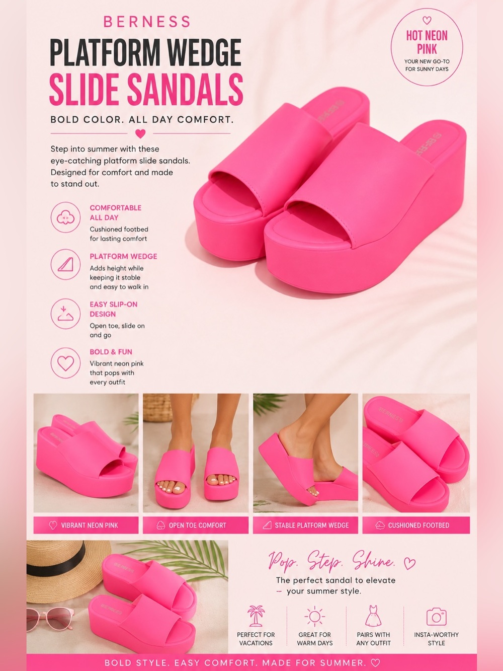 Berness Platform Slides Neon Pink Womens 6